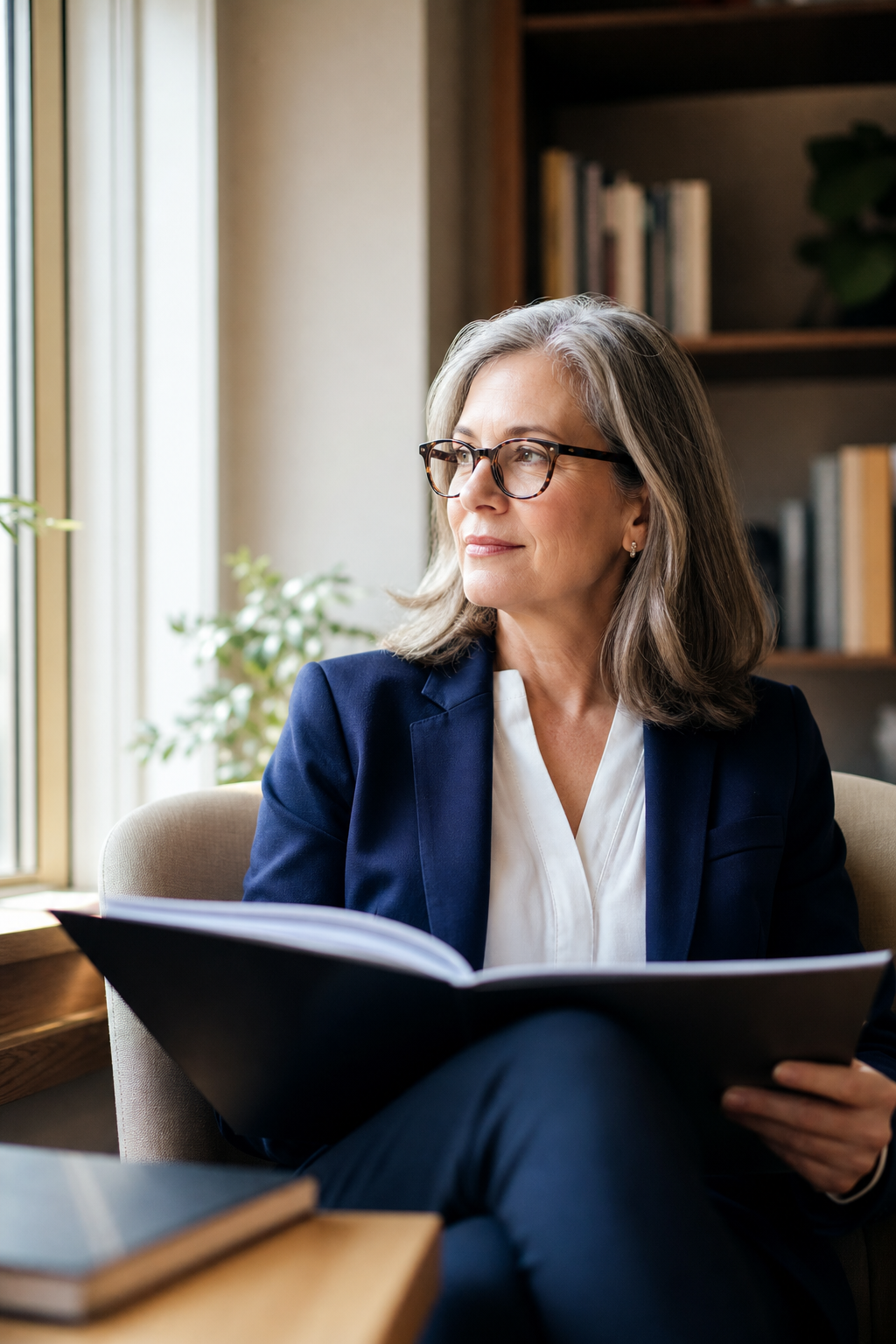 Nonprofit leader reviewing financial information in a bright office
