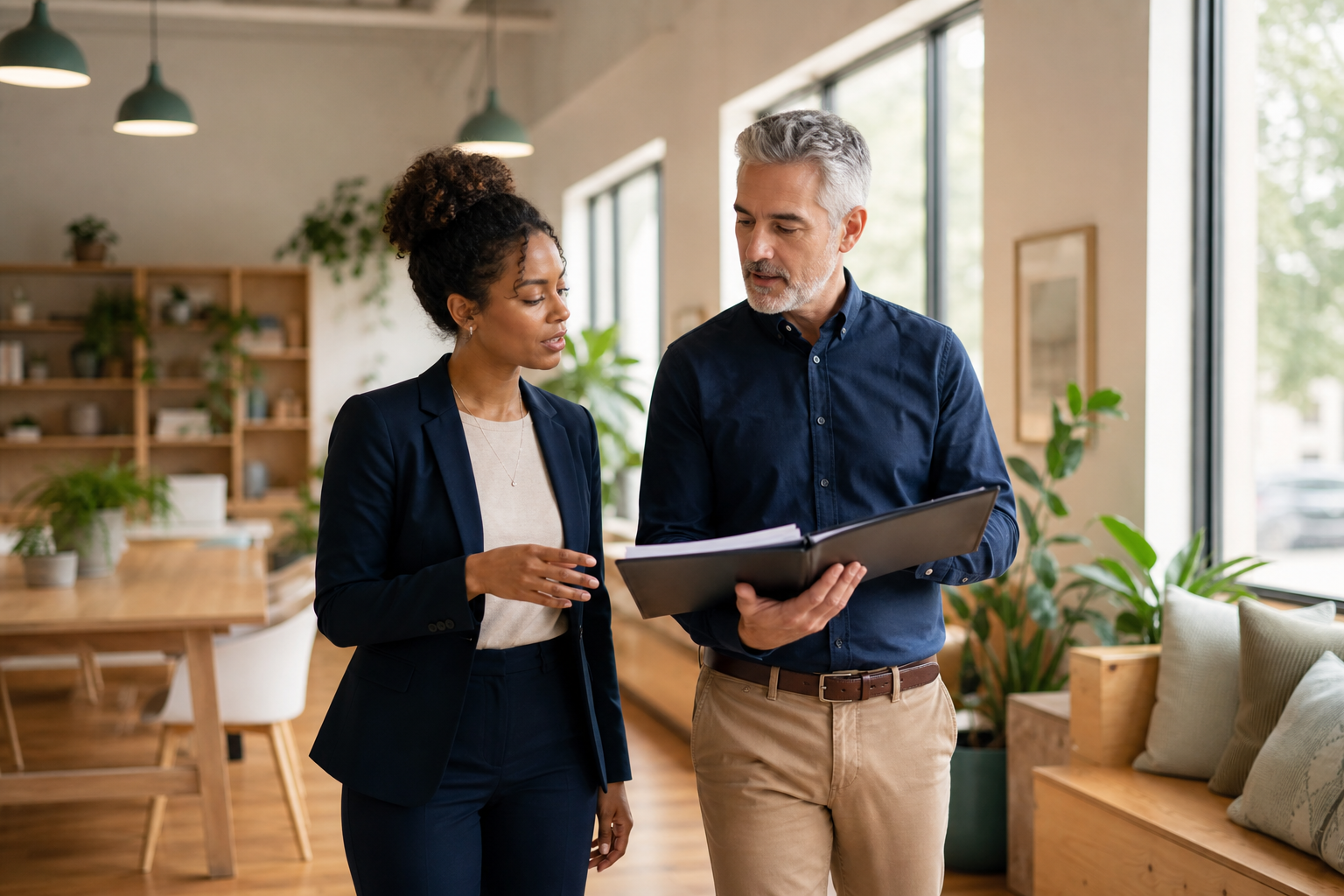 Colleagues discussing financial materials in a community workspace