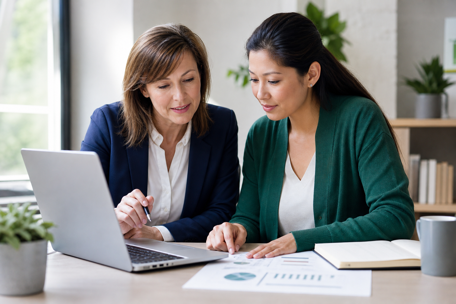 Finance professionals reviewing reports and a laptop together
