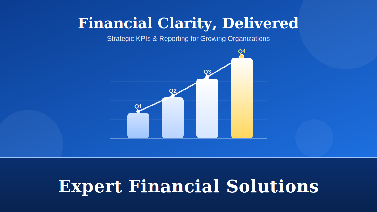 Blue financial clarity graphic with a rising bar chart representing strategic nonprofit KPI reporting.
